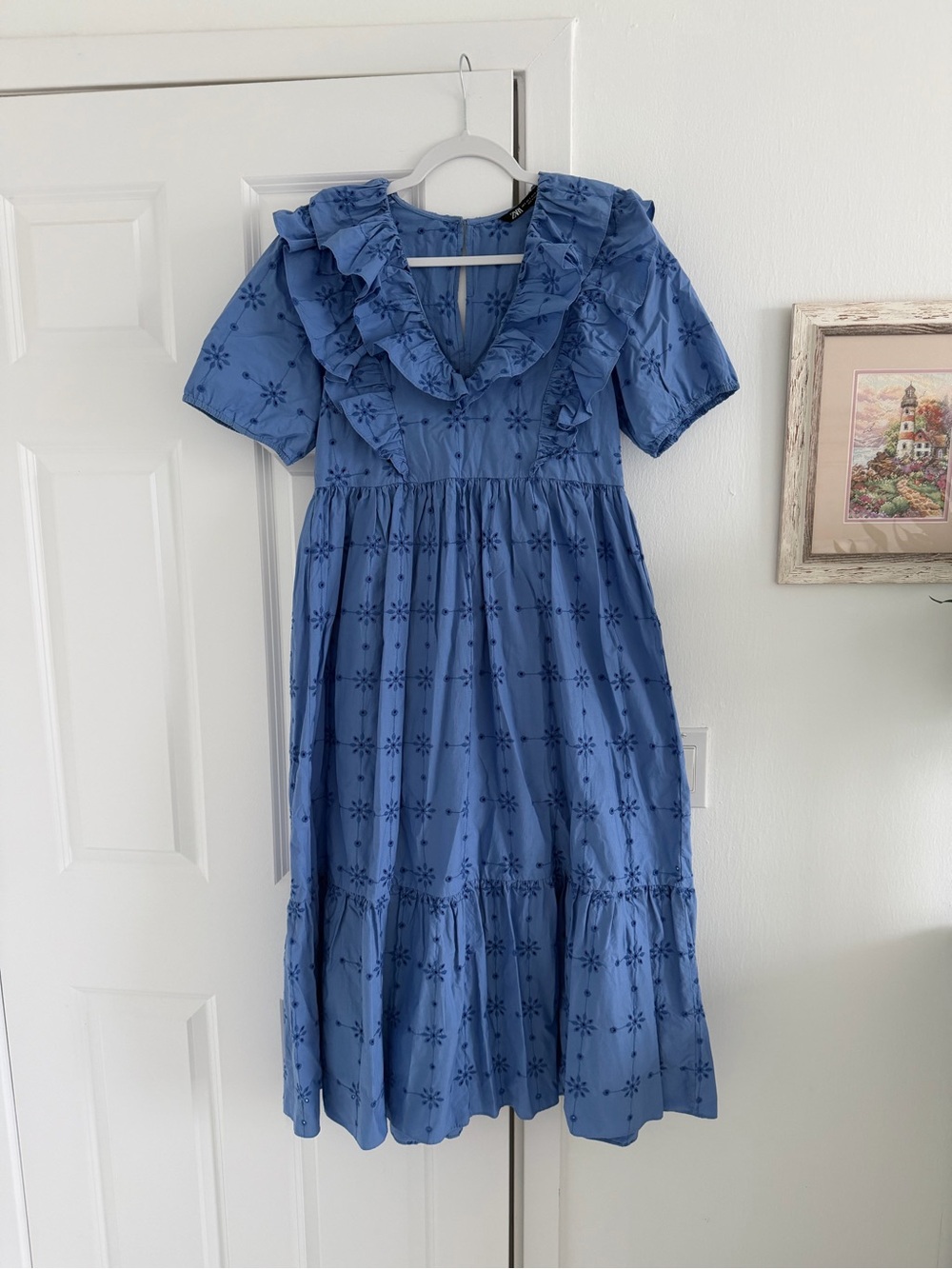 ZARA Blue Eyelet Ruffle Midi Dress Blue Size S